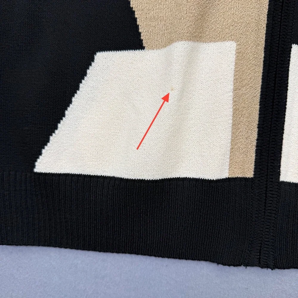 St John Wool Rayon Full Zip Mock‎ Neck Geometric Sweater Black Tan Medium READ